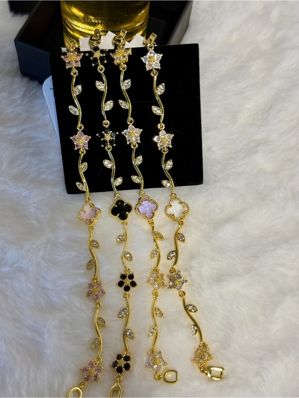 Gold-Plated Floral Link Bracelet with Colored Clover Accents